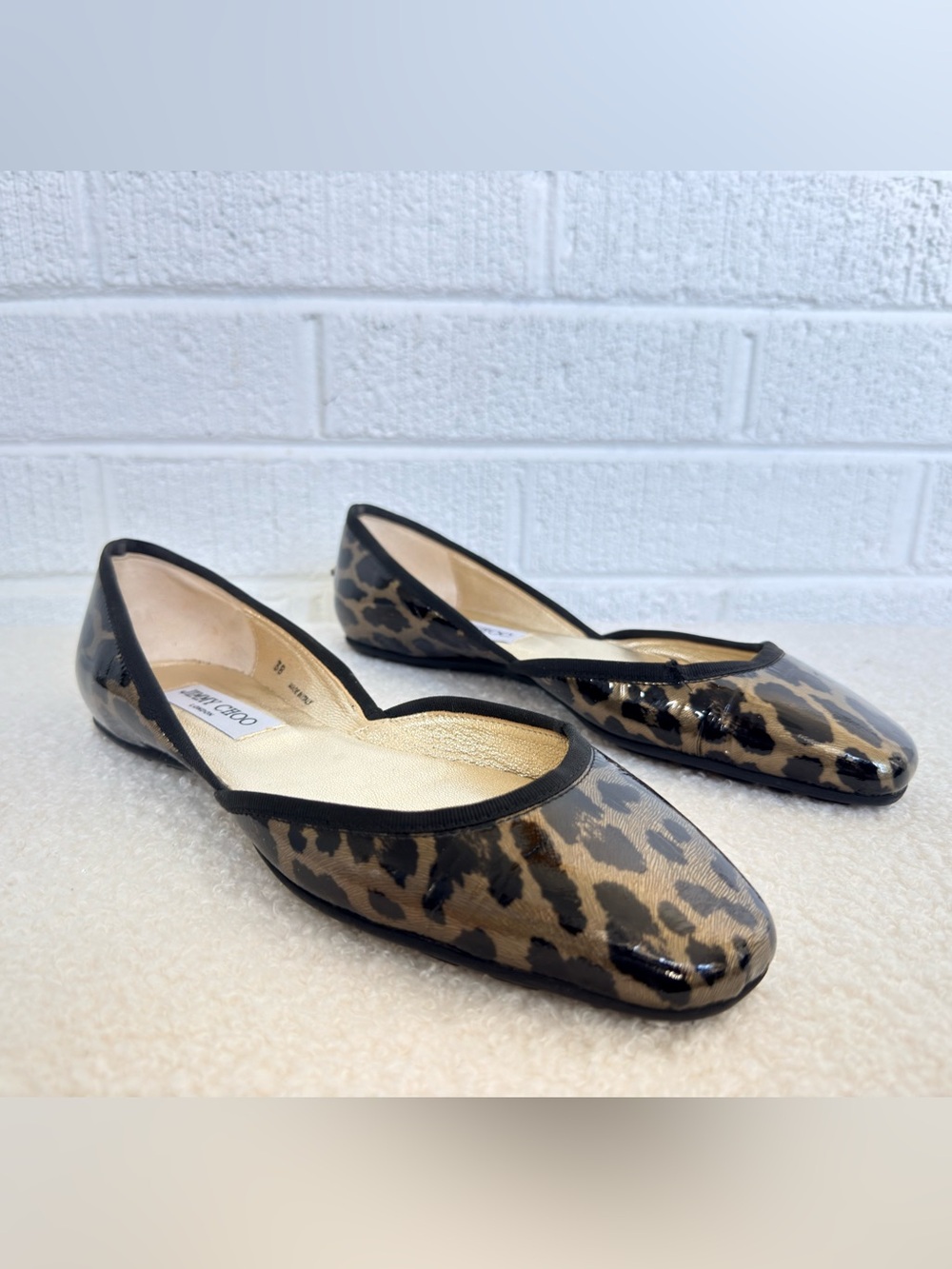 Jimmy Choo Leopard-Print Patent Leather Flats in Brown and Black